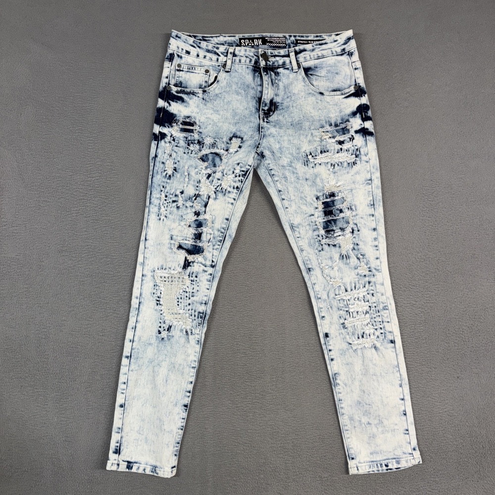 Spark Jeans Mens 32x30 (Fit 34x30) Blue Acid Wash Slim Straight Distressed Denim